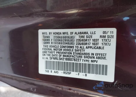 2011 Honda Odyssey Lx из США, поврежденный, VIN 5FNRL5H21BB078227